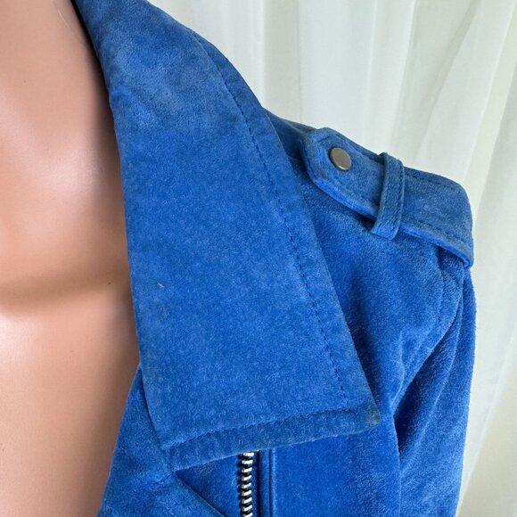 Women's SL8 Genuine Suede Asymmetric Zipper Accent Crop Moto Jacket Blue Size MD - Picture 14 of 17